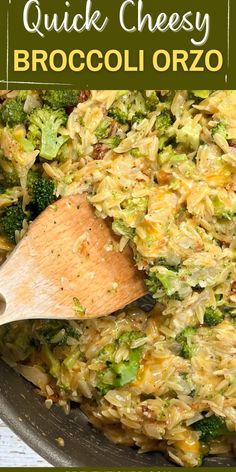 broccoli and cheese casserole in a pan with a wooden spoon