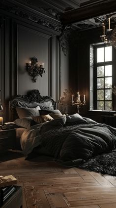 a large bed sitting in a bedroom next to a window with lots of light on it