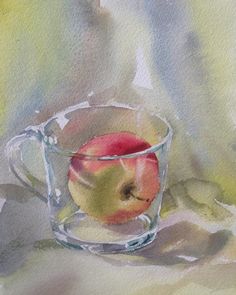 a painting of an apple in a glass cup