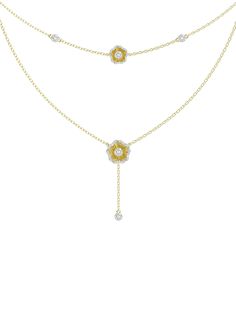 The Halo Flower Yellow Gold Necklace is an 18 karat yellow gold layered necklace. A petite yellow gold and natural diamond camellia-inspired flower sits at the center of the top row, accompanied by diamonds on either side. The second row is a y-necklace with a flower at the center and a natural diamond hanging below. Luxury Flower-shaped Diamond Necklace In Fine Jewelry Style, Yellow Gold Diamond Necklace, Gold Layered Necklace, The Bling Ring, Everyday Jewellery, Yellow Necklace, Flower Yellow, Yellow Gold Necklace, Gold Necklace Layered