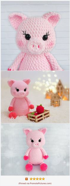 three different pictures of stuffed animals made from knitted yarns and crochet