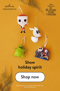 christmas ornaments are hanging on a yellow background with the words show holiday spirit shop now