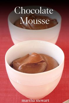 chocolate mousse in a white bowl on a red table