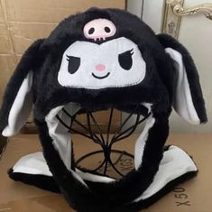 Kuromi Hat With Long Ears Adjustable Black Hat With Ears, Adjustable Black Harajuku Style Hat, Black Adjustable Harajuku Hat, Black Adjustable Harajuku Style Hat, Black Cap For School, Casual Black Hats With Ears, Cute Black Cap Hat, Cute Adjustable Black Hat, Fun Black Warm Hats