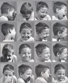 many different pictures of young boys laughing and making faces with their hair in the same photo