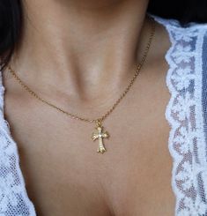 Vintage Style Cross Necklace, Cross Jewelry, Maximalist Necklace, Religious Jewelry, Gift for Her, Christmas Gift, Spiritual Accessories ☽ 14K Gold Plated, Cubic Zirconia Pendant (13x24mm) ☽ This is a gold plated charm meaning that it requires extra care to keep its shine and color intact. Please follow these tips to make the charm last longer in its original condition: avoid wearing it to the beach, pool, shower, bathtub, hot tub; avoid it touching any lotions, creams, or sweat; take it off before going to bed. ☽ Gold stainless steel chain closed with a lobster clasp ✧･ﾟ: *✧･ﾟ･ﾟ: *✧･ﾟ･ﾟ: *✧･ﾟ･ﾟ ☽ All pieces of jewelry are handmade with love, just for you <3 ✧･ﾟ: *✧･ﾟ･ﾟ: *✧･ﾟ･ﾟ: *✧･ﾟ･ﾟ ☽ I do not offer returns or exchanges, but please feel free to contact me with any questions! Please give Christmas Gift Cross-shaped Jewelry, Dainty Handmade Cross Necklaces, Dainty Handmade Cross Jewelry, Handmade Dainty Cross Necklace, Dainty Handmade Cross Necklace, Maximalist Necklace, Jewelry Maximalist, Spiritual Accessories, Vintage Cross Necklace