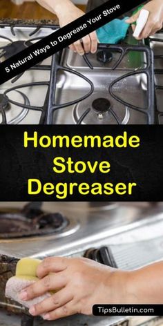 a person cleaning a stove top with a sponge and rag in front of the words homemade stove degreaser