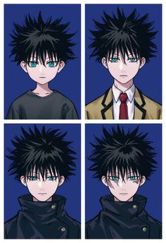 four images of an anime character with black hair and blue eyes, wearing a red tie