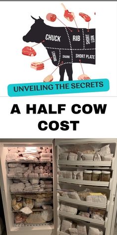 an open refrigerator filled with lots of food and the words unveiling the secrets a half cow cost