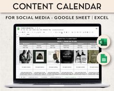 the content calendar for social media, google sheet and excel spreadsheet is displayed on a laptop screen