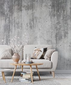 a living room with a couch, coffee table and vases on the floor in front of a concrete wall