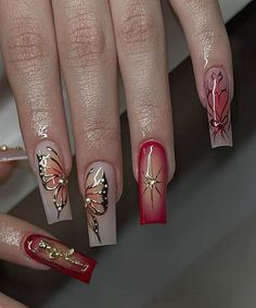 Cute Long Nail Designs, Different Design Nails, Gold Nail Ideas, Chrome Butterfly, Acrylic Nails Yellow, Girly Acrylic Nails, Summery Nails, Simple Acrylic Nails, Pretty Gel Nails