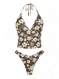 Cute Tankinis, Pretty Swimsuits, Halter Pattern, Floral Tankini, Floral Leaves, Leaves Print