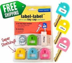 four different colored keys are in the package with one key attached to it and another is labeled free shipping