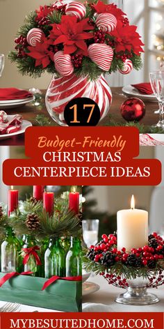 christmas centerpieces with candles and decorations on the table in red, white and green colors