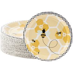 bees and honeycombs paper plates with black dots on the rim, set of 8