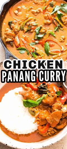 chicken panang curry with rice in a skillet