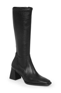 A flared block heel and square toe bolster the modern sophistication of a sleek leather boot in a knee-high silhouette. 2 3/4" heel 15 3/4" shaft Leather upper and lining/synthetic sole Imported Vagabond Shoemakers, Black Mid Calf Boots, Boots Square Toe, Platform Clogs, Black Knee High Boots, Socks Sneakers, Western Boots Women, Pointed Toe Boots, Black Knees