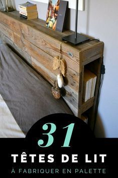 a bed with a wooden headboard made out of pallets and some pictures on it