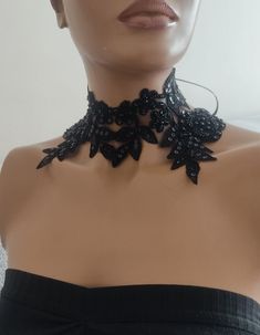 Beads,Black Gothic Choker Crescent  Collar Lace Necklace Halloween Collar Adjustable with ribbon,  suitable for all sizes Bridal accessories, Halloween COLLAR. Accessory for costumes. Unusual and unique items. French lace gloves. This model is designed as an excellent accessory for a wedding to be French lacy, satin ribbon, to be. Very stylish. Ideal design for beach weddings. Perfect accessory for wedding photography. Your opinion is important to me and ask for it. Please contact me about your Black Lace Collar, Halloween Costume Choker Necklace, Handmade Black Choker For Halloween, Black Choker For Halloween Costume Party, Black Halloween Choker For Costume Party, Halloween Party Black Choker, Gothic Choker For Party, Halloween Party Choker Jewelry, Black Beaded Choker For Evening