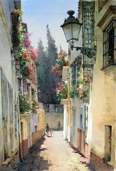 an oil painting of a narrow street with flowers on the windows and balconies