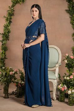 Mid night navy blue micro-pleated pre-draped saree with pleated frill palla. Comes with pearl, floral embroidered padded blouse and a belt. - Aza Fashions Mid Night, Draped Saree, Padded Blouse, Drape Saree, Pattern Blouse, Blouse For Women, Blouse Patterns, Aza Fashion, Floral Pattern