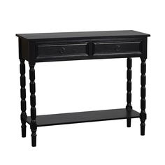 a black console table with two drawers on one side and an open drawer on the other