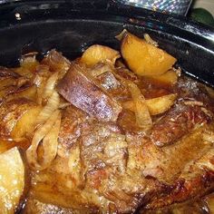 the meat and potatoes are cooked in the slow cooker