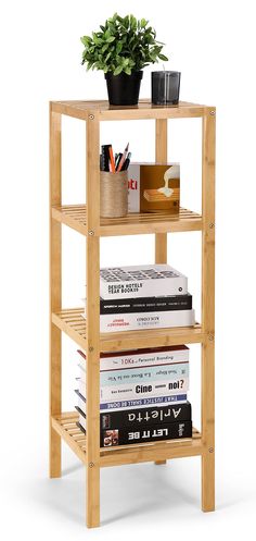 a wooden shelf with books and a potted plant on top