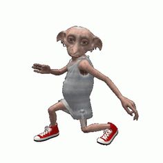 an animated character is running and wearing red shoes