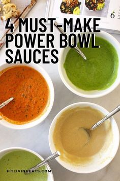 four bowls filled with different types of sauces on top of a white countertop