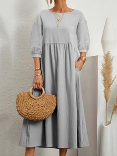 11 Colors Simple Round-Neck Solid Color Midi Dress Sukienki Maksi, Summer Linen Dresses, Jumpsuit Outfit, Weave Style, Short Sleeve Pattern, Midi Dress With Sleeves, Aaliyah, Botswana