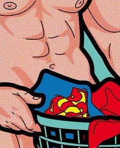 an image of a man with his shirt open holding a superman can in his hand