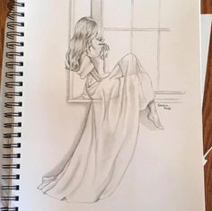 a pencil drawing of a woman sitting on a window sill looking out the window