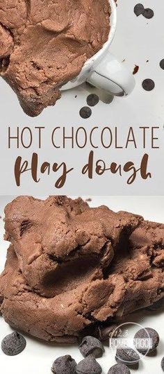 chocolate play dough in a white bowl and on a polka dot tablecloth with text overlay that reads, hot chocolate play dough