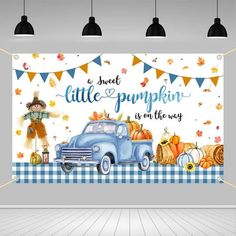 an image of a blue car with pumpkins on the side and a sign that says sweet little pumpkin is on the way