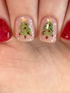 short Christmas nails: tree accent Christmas Nail For Kids, Very Short Nails Christmas, Short Christmas Acrylics, Merry Christmas Nails 2023, Christmas Gel Nails Designs Short, Christmas Nails 2023 Short, Christmas Tree Nails Designs, Christmas Nail Dip Designs, Christmas Manicure Ideas For Short Nails