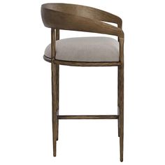 an upholstered bar stool with a wooden frame and fabric seat pad on the back