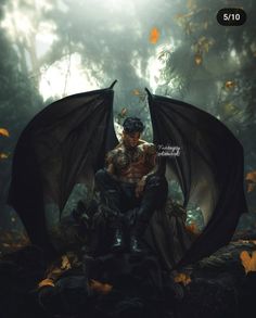 a man sitting on top of a black dragon in the middle of a forest filled with leaves