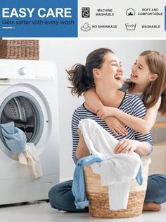 a woman and child sitting in front of a washing machine with the words easy care on it