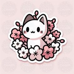 a sticker with an image of a cat in the middle of some pink flowers