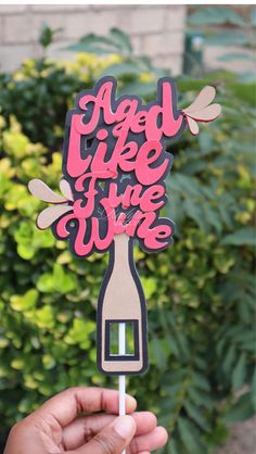 a hand holding up a wine bottle shaped stick with the words, good like the wine on it