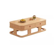 a wooden table with two drawers on each side and one drawer at the top that has food on it