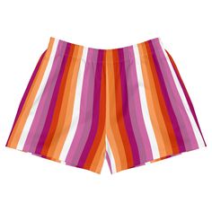 Add these cute lesbian shorts to your pride wardrobe. These lesbian sunset flag stripe shorts are a great way to show off your gay pride and not only are they super cool for pride events and festivals, they are functional athletic shorts made for swimming, running and other sporting activities and you'll won't want to be without them when heading to the beach or lounging by the pool. You'll also appreciate the mesh pockets large enough to hold your phone. DETAILSComfortable elastic waistband with a flat white drawstringDeep mesh side-pocketsWater-repellent microfiber fabricMoisture wickingBreathable & fast dryingUPF50+ protectionMATERIAL91% recycled polyester, 9% spandex (composition may vary by up to 3%)Model wears size MHeight 5.5 feet (165 cm), waist circumference 29.1" (74 cm), hips 36 Casual Rainbow Bottoms For Pride, Multicolor Pajama Shorts For Beach Season, Multicolor Short Pajama Shorts For Summer, Multicolor Short Length Pajama Shorts For Summer, Multicolor Short Summer Swim Trunks, Striped Short Swim Trunks For Poolside, Striped Swimming Shorts For Summer, Multicolor Summer Pajama Shorts With Lining, Striped Swim Shorts For Summer