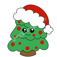 a green christmas tree with red and white polka dot dots on it's head