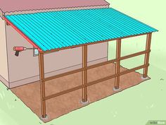 a drawing of a small building with a blue roof