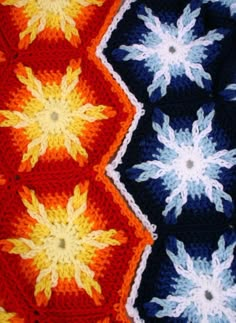 two crocheted squares with flowers on them