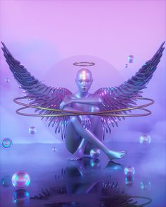 an angel sitting on the ground surrounded by bubbles and circles in front of a purple background