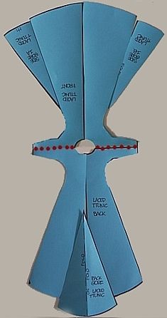 an origami cut out of blue paper with red thread on the end and two sides