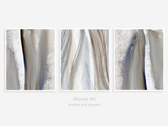 three abstract paintings with white and blue colors